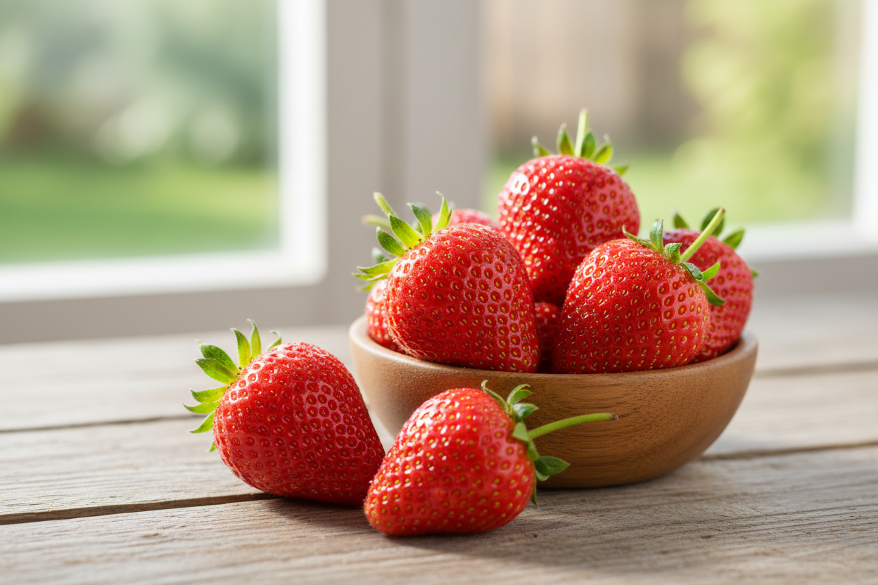 Close-up of fresh ripe strawberries with water droplets