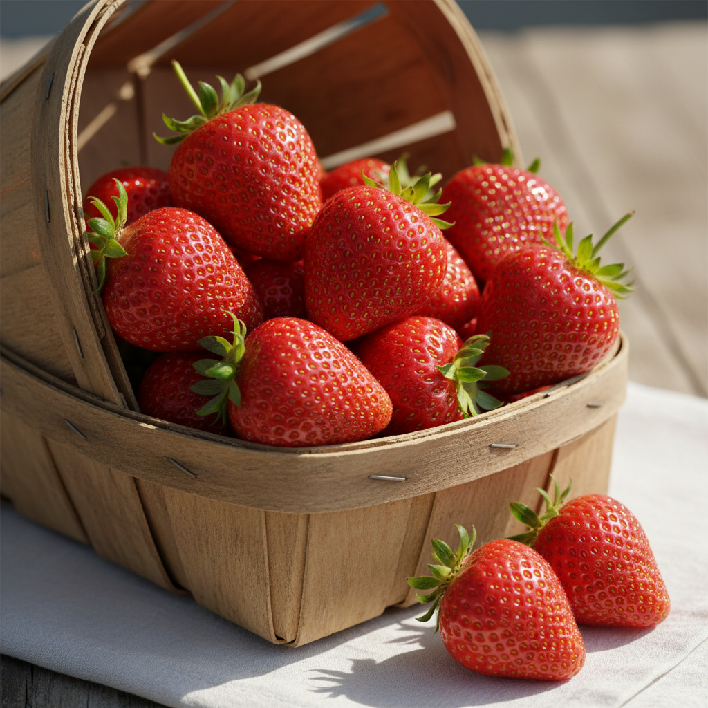 Farm fresh strawberries in rustic wooden crate